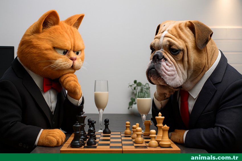 cat and dog playing chess,cat and dog,animals.com.tr